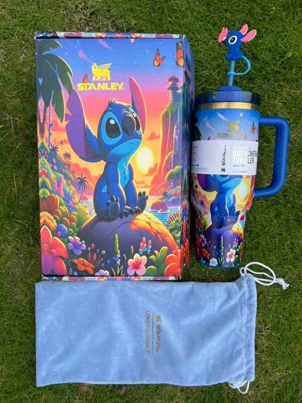 Stitch Stanley Cup 40 oz Quencher Tumbler with Handle& 3D Straw Topper Gift Box Stitch-inspired tropical blue 40oz tumbler gift set