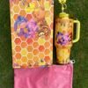 Custom honeycomb Winnie the Pooh and friends Stanley Cup 40 oz with 3D bee straw topper, matching gift box, and pink dust bag