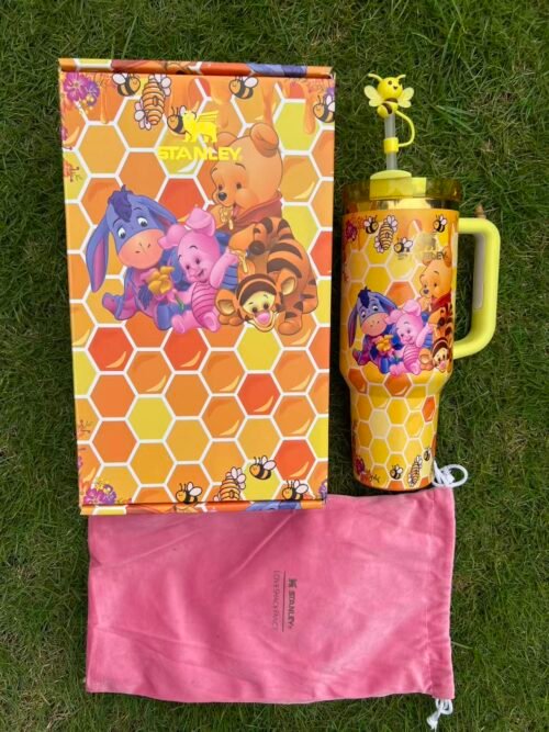 Custom honeycomb Winnie the Pooh and friends Stanley Cup 40 oz with 3D bee straw topper, matching gift box, and pink dust bag