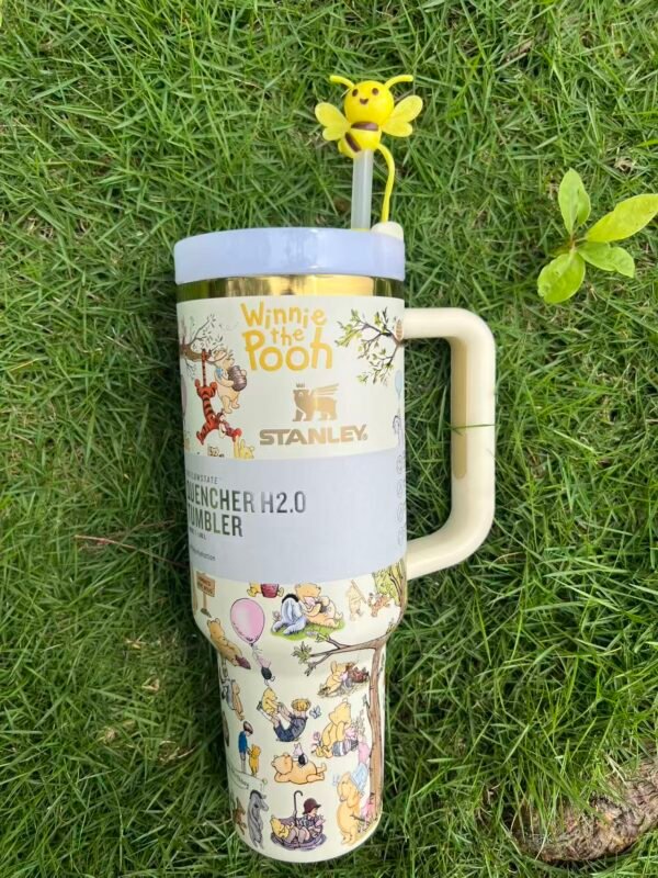 1Vintage classic Winnie the Pooh Happy Birthday Stanley Cup 40 oz with 3D bee straw topper and matching gift box Vintage birthday character tumbler with handle and straw