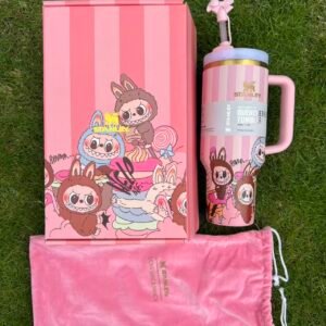 Custom Labubu pink striped Stanley Cup 40 oz with matching gift box, pink velvet dust bag, and bow straw topper