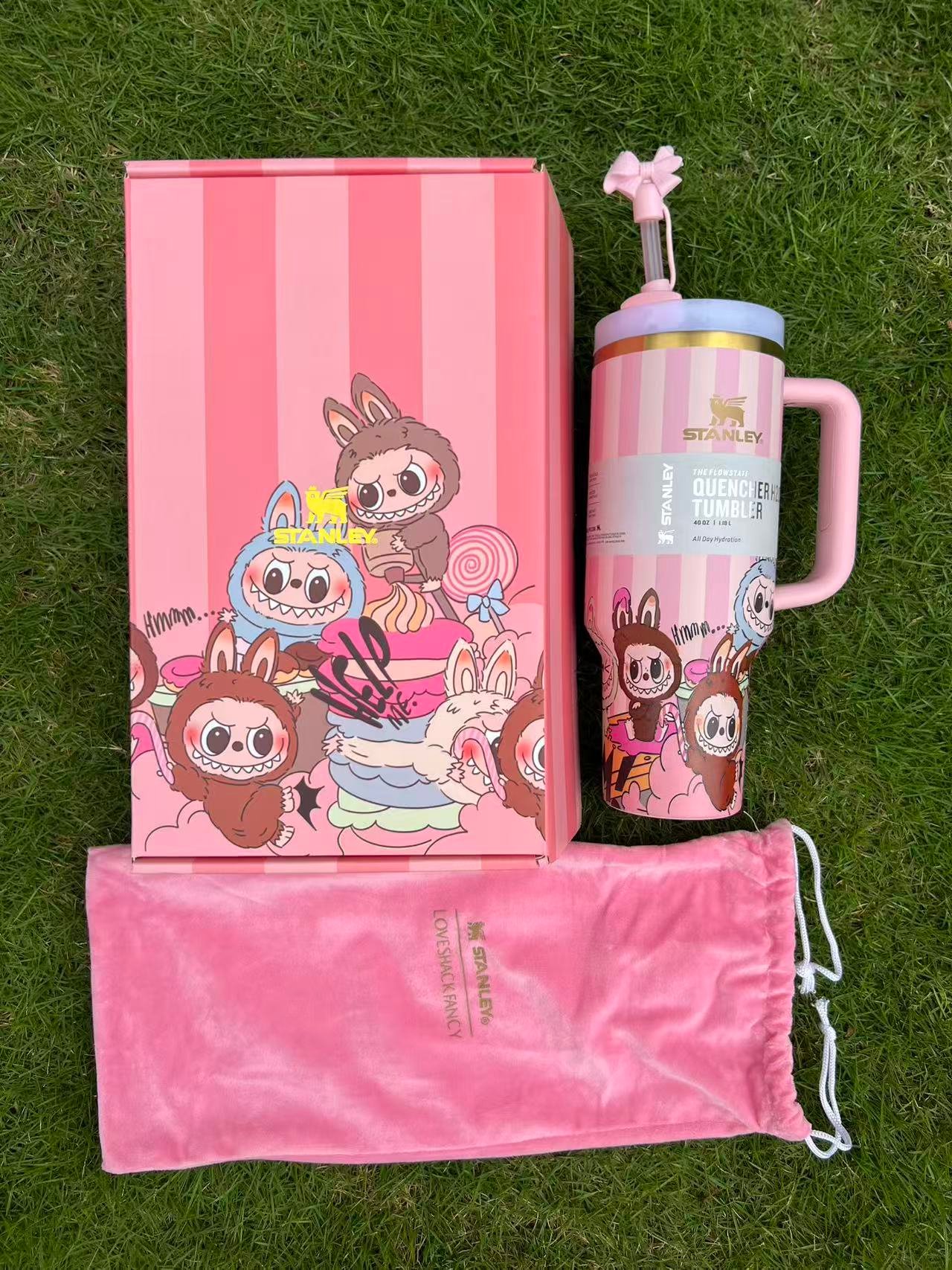 Custom Labubu pink striped Stanley Cup 40 oz with matching gift box, pink velvet dust bag, and bow straw topper