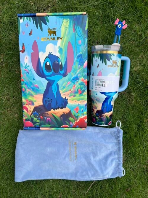 Custom dreamy Stitch Stanley Cup 40 oz Quencher with 3D straw topper and matching illustrated gift box