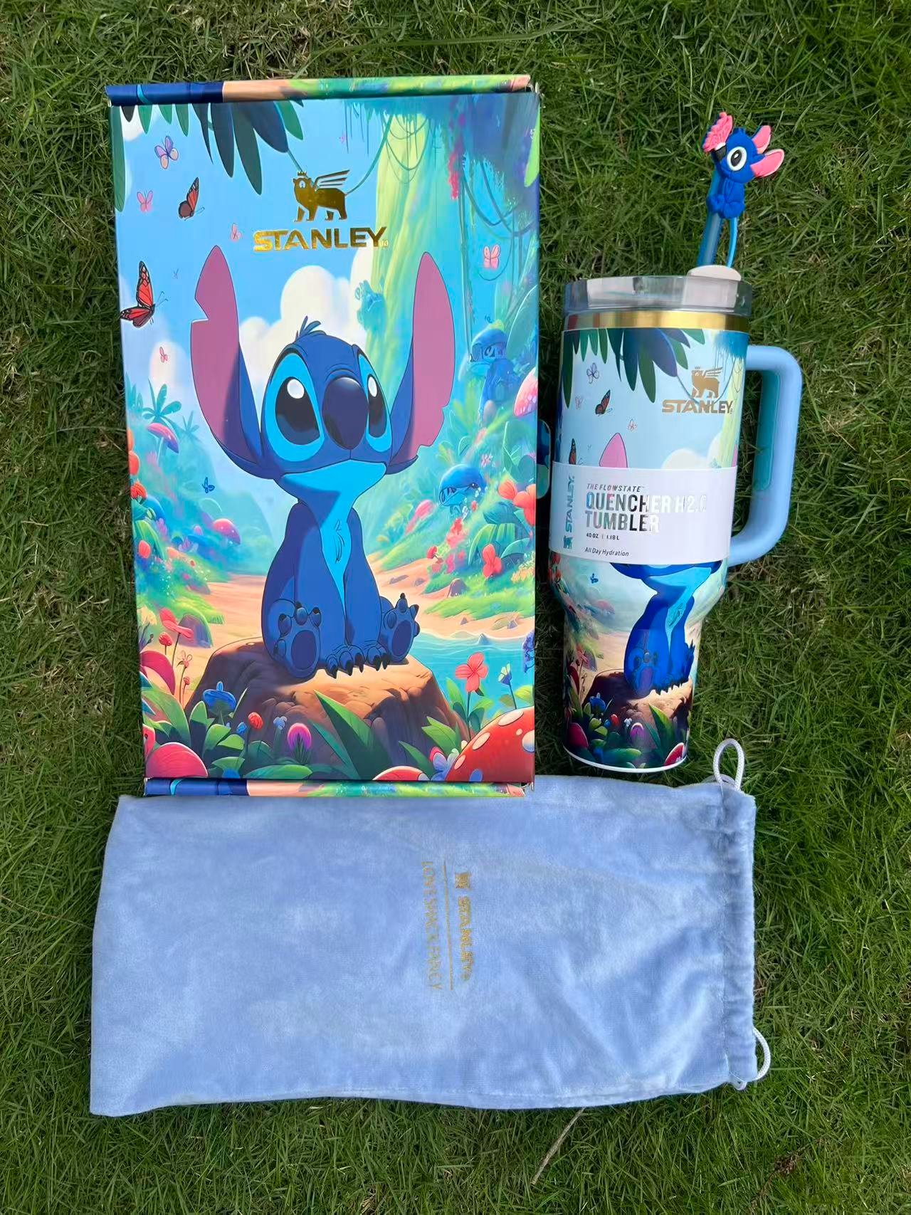 Custom dreamy Stitch Stanley Cup 40 oz Quencher with 3D straw topper and matching illustrated gift box