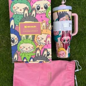 Custom Labubu pink Stanley Cup 40 oz Quencher with matching monster gift box and pink bow straw topper