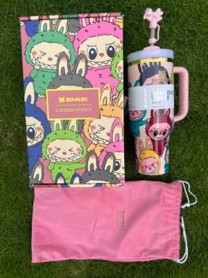Custom Labubu pink Stanley Cup 40 oz Quencher with matching monster gift box and pink bow straw topper Monsters-inspired pink 40oz tumbler gift set with bow topper