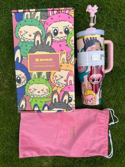 Custom Labubu pink Stanley Cup 40 oz Quencher with matching monster gift box and pink bow straw topper