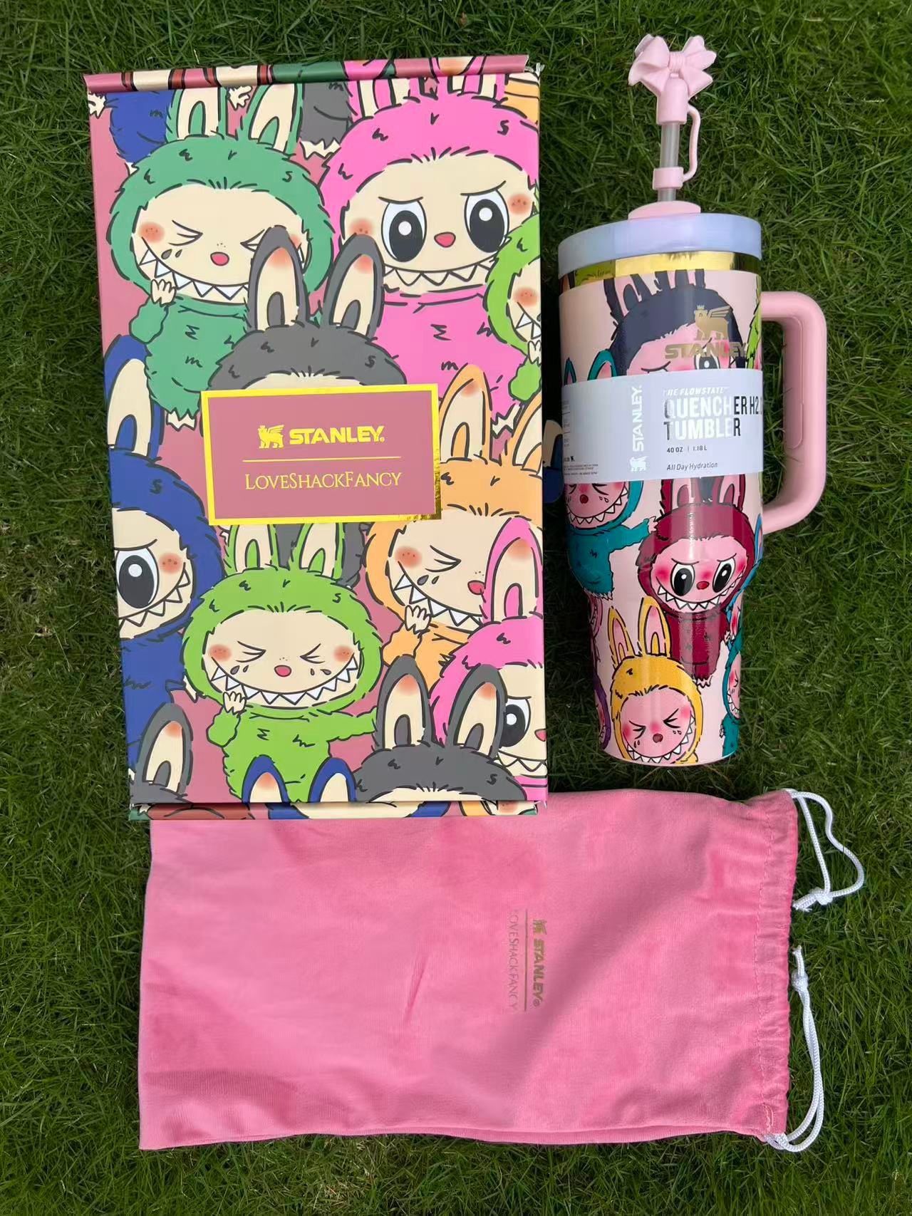 Custom Labubu pink Stanley Cup 40 oz Quencher with matching monster gift box and pink bow straw topper