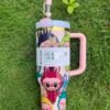 Custom Labubu pink Stanley Cup 40 oz Quencher with matching monster gift box and pink bow straw topper Pink monster character tumbler with handle and reusable straw