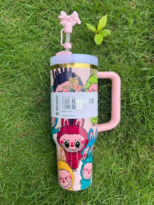 Custom Labubu pink Stanley Cup 40 oz Quencher with matching monster gift box and pink bow straw topper Pink monster character tumbler with handle and reusable straw