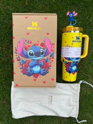 Yellow Floral Stitch Stanley Cup 40 oz Quencher Tumbler Yellow floral Stitch-inspired 40oz tumbler gift set