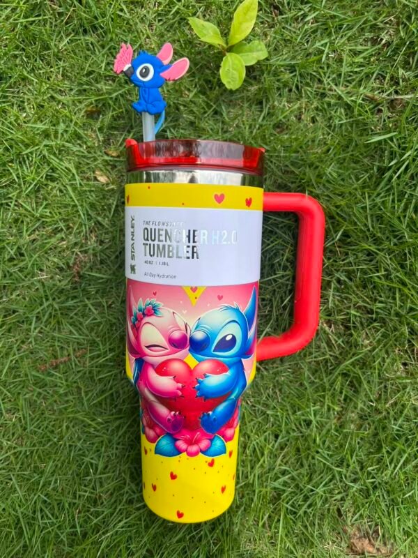 Stitch & Angel Heart Stanley Cup 40 oz Quencher Tumbler Heart character tumbler with handle and 3D straw topper