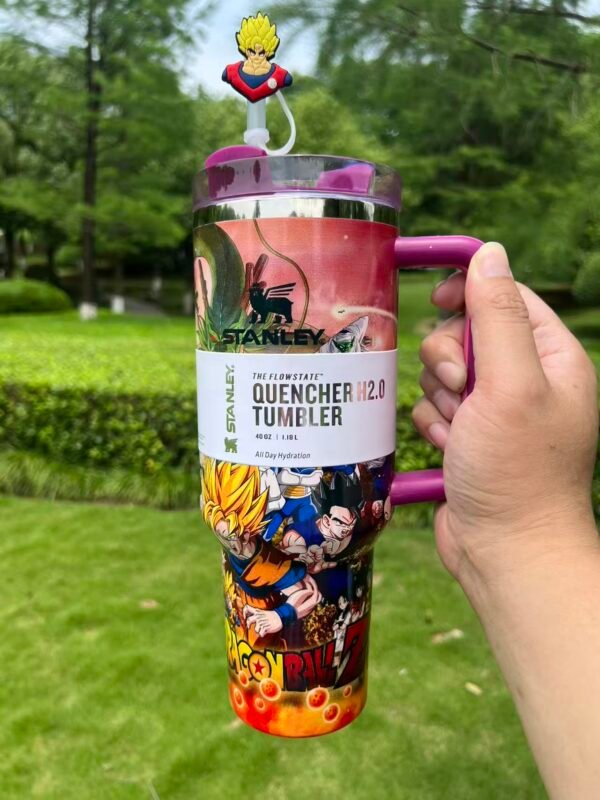 Custom Dragon Ball Z Goku Stanley Cup 40 oz Quencher with matching DBZ anime gift box and 3D Super Saiyan straw topper Anime character tumbler with handle and reusable straw