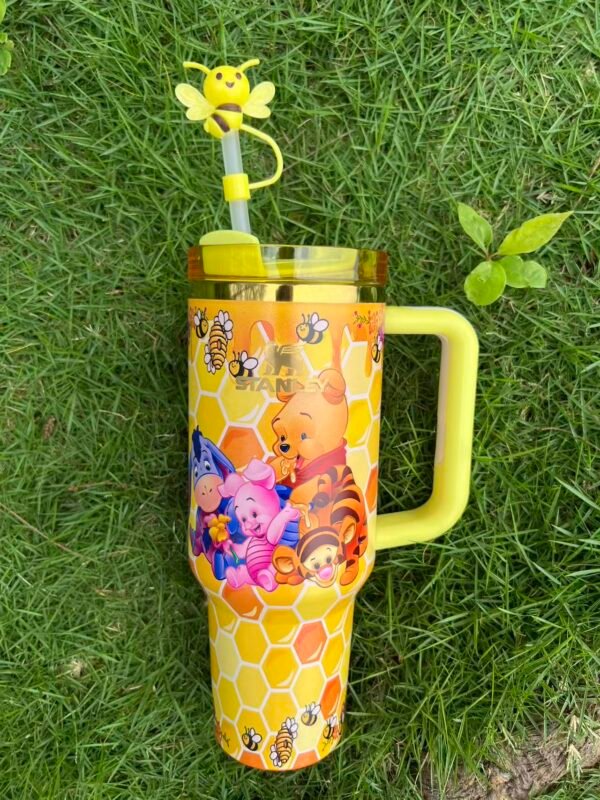 Custom honeycomb Winnie the Pooh and friends Stanley Cup 40 oz with 3D bee straw topper, matching gift box, and pink dust bag Honeycomb character tumbler with handle and bee topper
