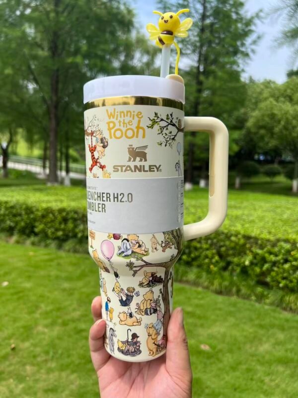 Vintage classic Winnie the Pooh Happy Birthday Stanley Cup 40 oz with 3D bee straw topper and matching gift box Pooh-inspired 40oz birthday tumbler with bee topper