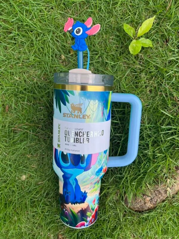 Custom dreamy Stitch Stanley Cup 40 oz Quencher with 3D straw topper and matching illustrated gift box Blue tropical character tumbler with handle and straw