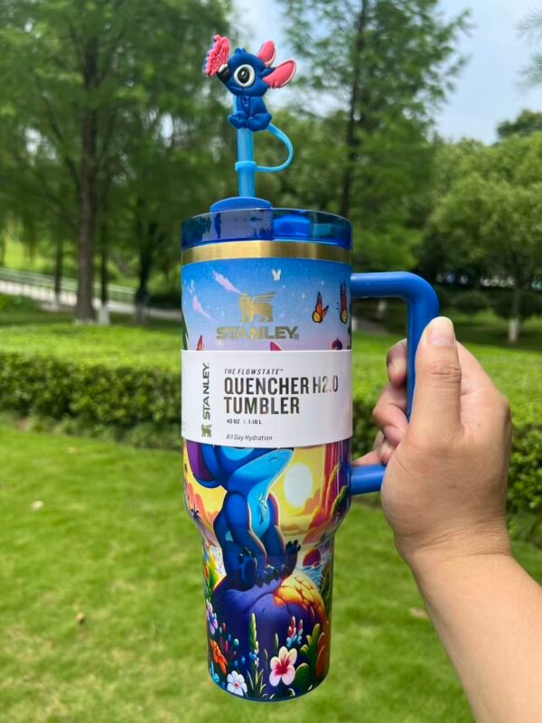 Stitch Stanley Cup 40 oz Quencher Tumbler with Handle& 3D Straw Topper Gift Box Blue tropical character tumbler with handle and straw