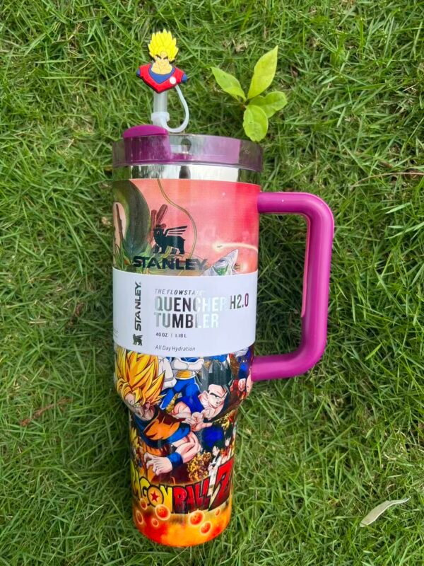 Custom Dragon Ball Z Goku Stanley Cup 40 oz Quencher with matching DBZ anime gift box and 3D Super Saiyan straw topper Goku-inspired 40oz tumbler with 3D character topper