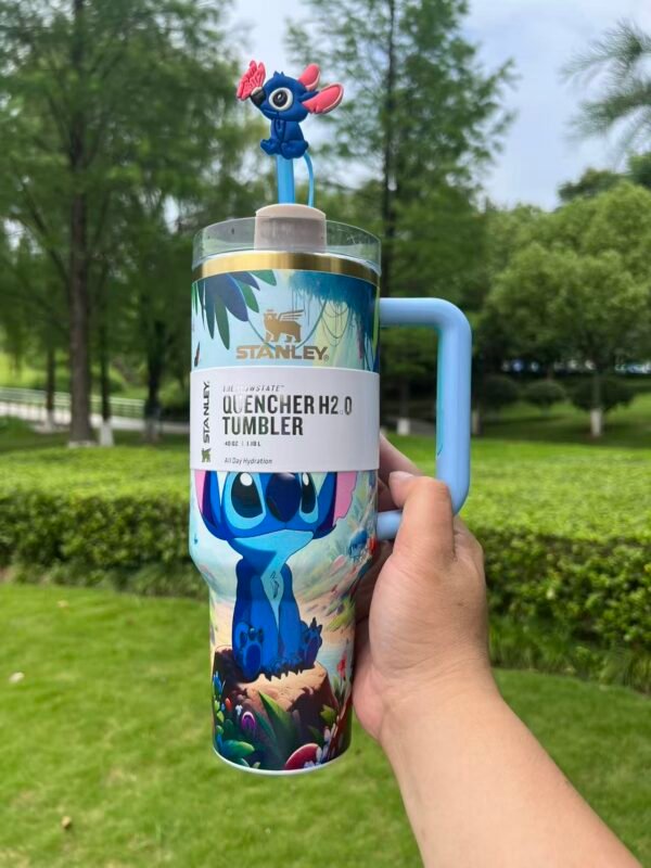 Custom dreamy Stitch Stanley Cup 40 oz Quencher with 3D straw topper and matching illustrated gift box Dreamy character 40oz tumbler with 3D straw topper