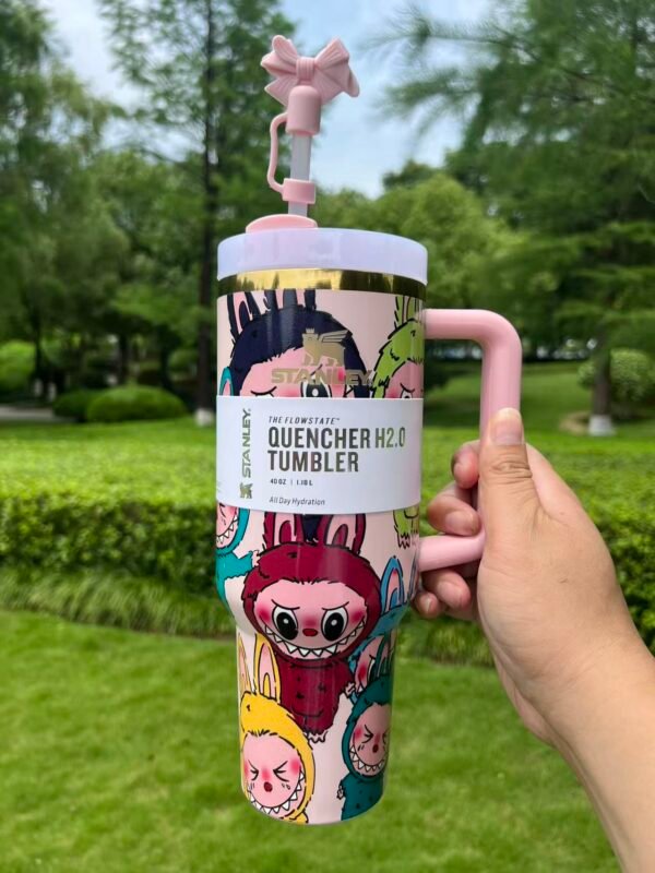Custom Labubu pink Stanley Cup 40 oz Quencher with matching monster gift box and pink bow straw topper Colorful monster artwork on pink 40oz insulated tumbler