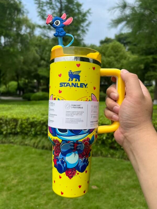 Yellow Floral Stitch Stanley Cup 40 oz Quencher Tumbler Yellow floral character tumbler with handle and straw