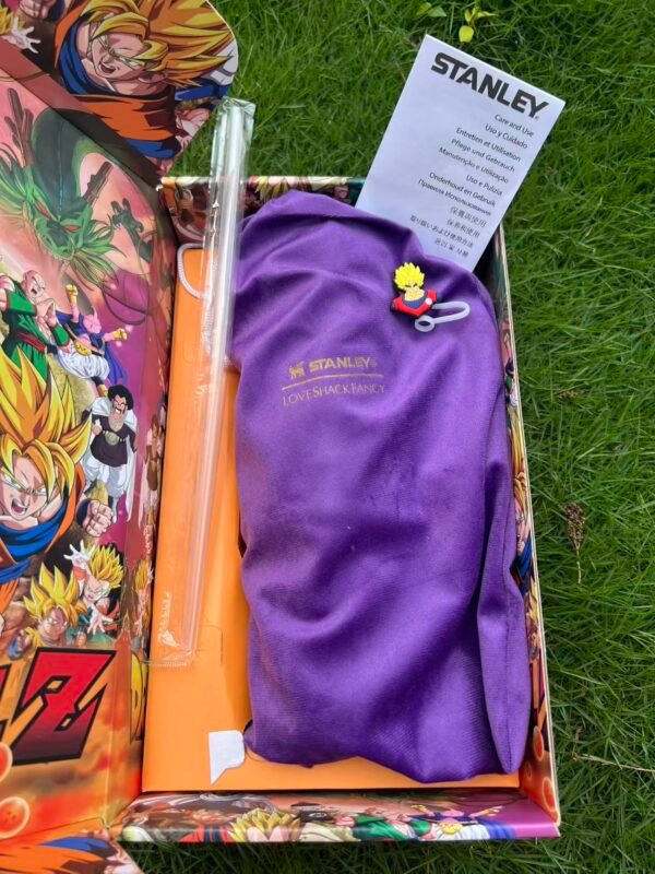 Custom Dragon Ball Z Goku Stanley Cup 40 oz Quencher with matching DBZ anime gift box and 3D Super Saiyan straw topper Anime tumbler with purple velvet travel pouch