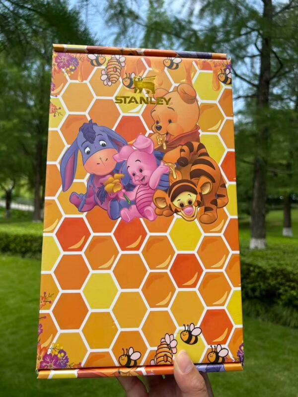 Custom honeycomb Winnie the Pooh and friends Stanley Cup 40 oz with 3D bee straw topper, matching gift box, and pink dust bag Honeycomb character tumbler matching presentation gift box