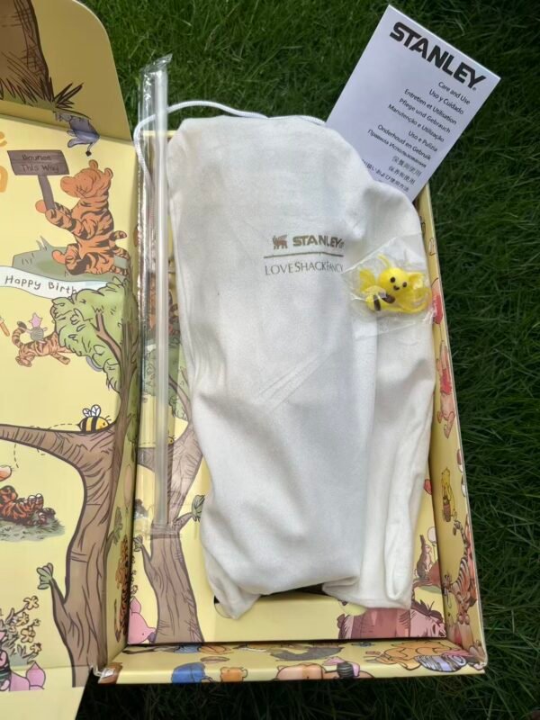 4Vintage classic Winnie the Pooh Happy Birthday Stanley Cup 40 oz with 3D bee straw topper and matching gift box Vintage character tumbler with white travel pouch