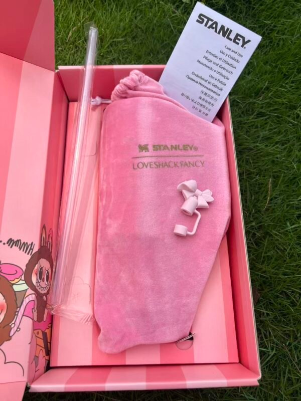 Pink striped 40oz tumbler with velvet travel pouch