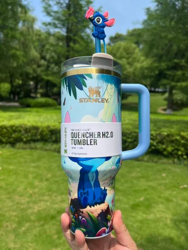 Custom dreamy Stitch Stanley Cup 40 oz Quencher with 3D straw topper and matching illustrated gift box Blue tropical tumbler with velvet travel pouch