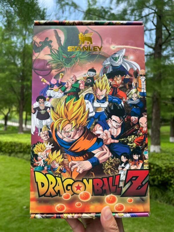 Custom Dragon Ball Z Goku Stanley Cup 40 oz Quencher with matching DBZ anime gift box and 3D Super Saiyan straw topper Goku-inspired tumbler illustrated presentation gift box