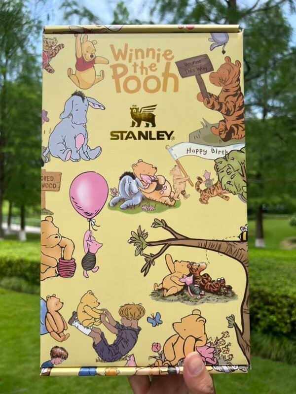 Vintage classic Winnie the Pooh Happy Birthday Stanley Cup 40 oz with 3D bee straw topper and matching gift box Vintage birthday tumbler storybook presentation gift box
