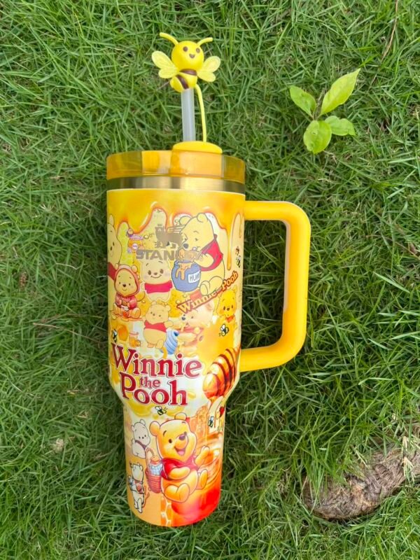 Disney Winnie the Pooh Stanley Cup 40 oz Quencher Tumbler with Handle & Bee Straw Topper Gift Set Pooh-inspired honeycomb artwork on 40oz insulated tumbler