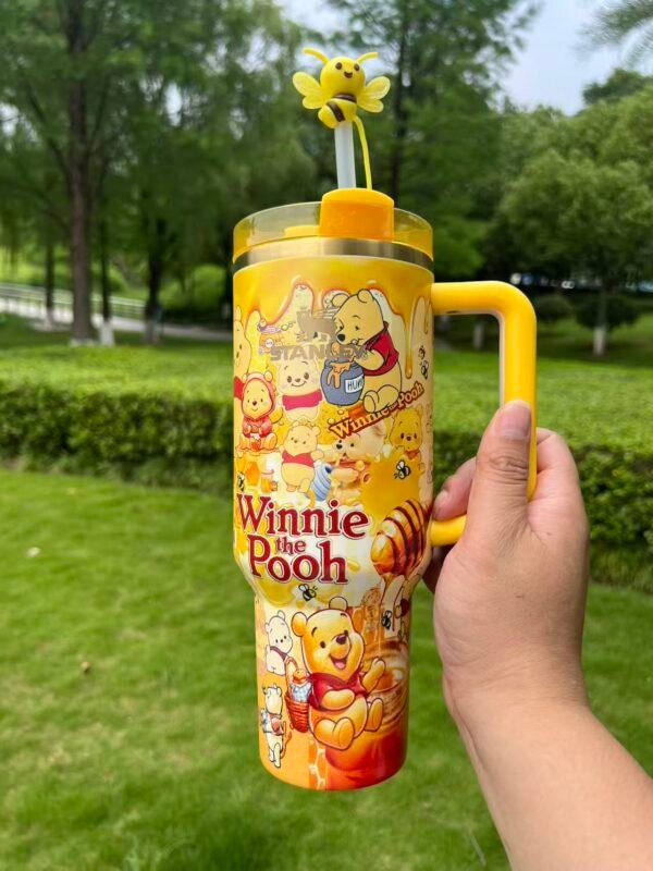 Disney Winnie the Pooh Stanley Cup 40 oz Quencher Tumbler with Handle & Bee Straw Topper Gift Set Honey-yellow character tumbler with handle and reusable straw
