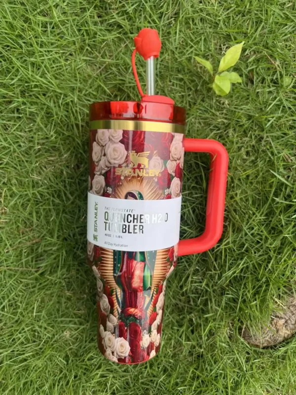 Our Lady of Guadalupe tumbler with red rose straw topper